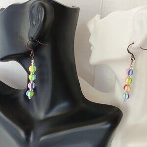 Handmade Rainbow Earrings With Striped Round Polymer Beads on Copper Hooks NWT